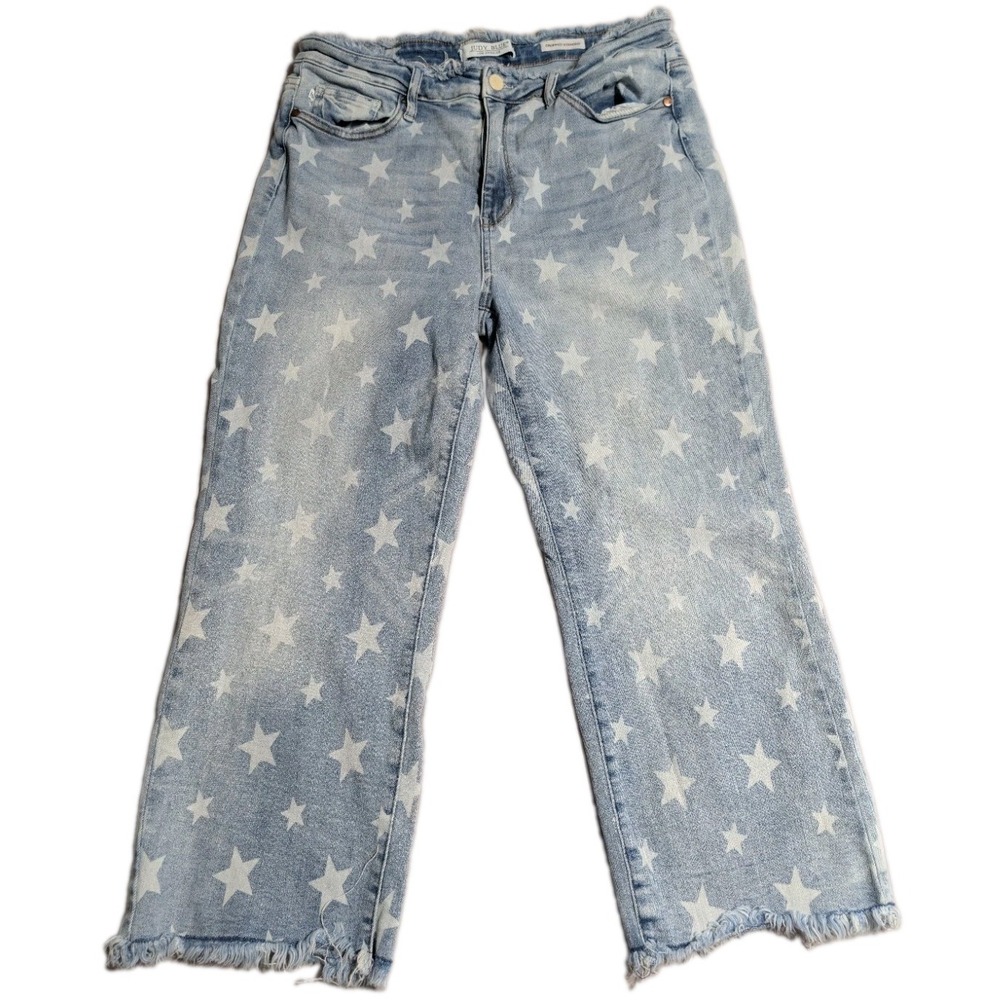 Judy Blue Womens 15/32 Cropped Straight Jeans Star Print Raw Waist Hem Stretch